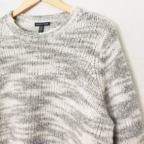 Eileen Fisher Merino Wool Silk Blend Marled Gray Sweater L Cozy Warm Crew $375 - Picture 6 of 15